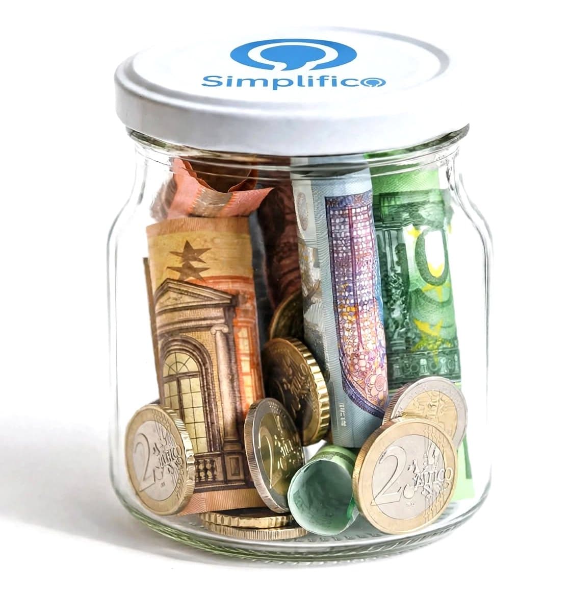 Tarro de cristal con tapa de Simplifico lleno de billetes y monedas de euro